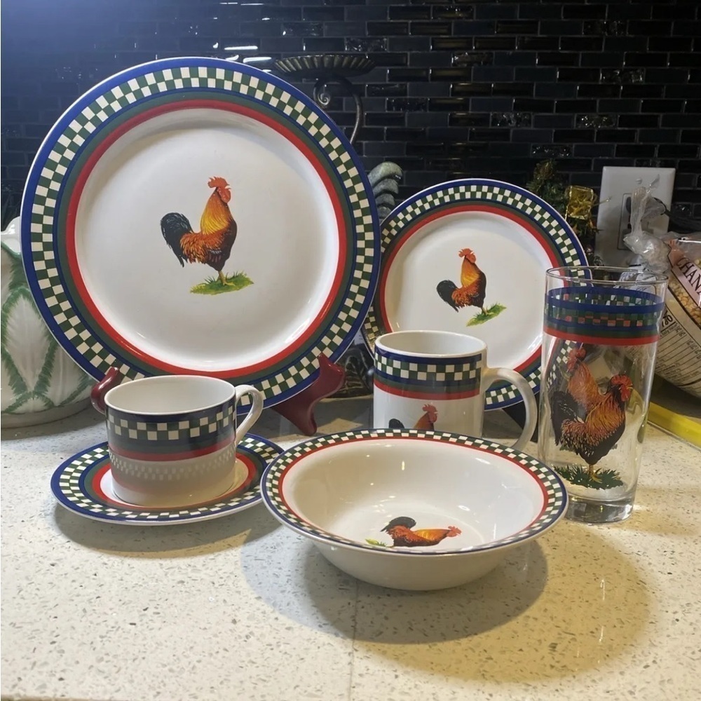 7pc INTL‎ Tableworks Bob Timberlake Ella's Rooster Dinner Place Setting VTG
